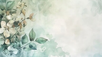 Soft floral watercolor background with white flowers and delicate green leaves, ideal for wedding invitation design, spring-themed wallpaper, and greeting cards with copy space - Powered by Adobe