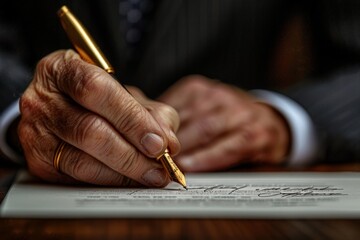 A close-up of a senior person's hand holding a golden pen to sign an important document, symbolizing agreement and responsibility - obrazy, fototapety, plakaty