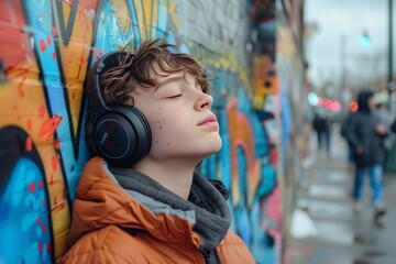 A teenage boy wearing headphones, leaning against an urban wall with colorful graffiti art, his...