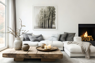 Fototapeta premium Scandinavian interior design of modern living room, home. Rustic barn wood coffee table near white sofa against wall with poster and fireplace.