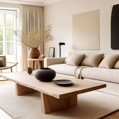 Boho interior design of modern living room, home. Live edge coffee table near beige sofa. - 757281762