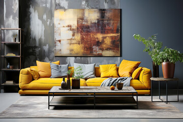Grunge loft interior design of modern living room, home with yellow sofa.