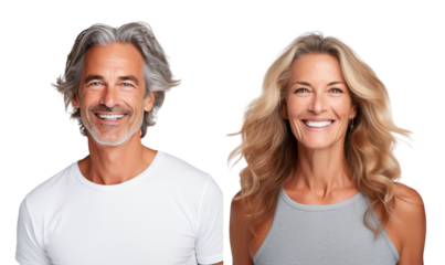 Portrait of happy smiling senior couple husband and wife looking at camera, isolated on transparent background cut out