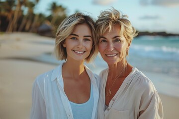 Family Vacation Bliss: Mother and Daughter Portrait in White Against Island Background. Generative ai