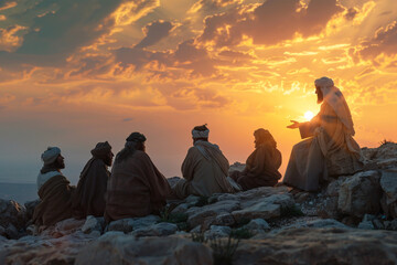 Jesus and his disciples engaged in a deep, spiritual conversation on a rocky path, with a dramatic sunset illuminating the sacred moment - obrazy, fototapety, plakaty