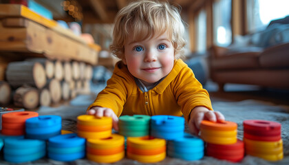 Happy cute child sitting on the floor and playing with colored wood toy blocks, preschool kid on...