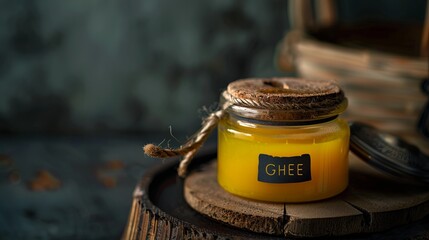 A jar of ghee placed on a wooden surface, with a dark background and copy-space. The jar is sealed with a cork lid and has a label with “GHEE” written on it - 757281948