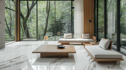 this living room is full of white wooden furniture and large windows
