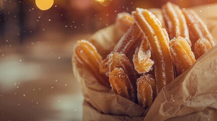 A bunch of churros, sprinkled with sugar, wrapped in paper. Churros are a type of fried dough pastry, often covered in sugar and can be enjoyed with various dips or fillings. - Powered by Adobe