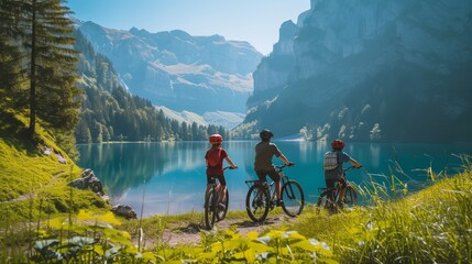 A family of three enjoying a serene and picturesque view with mountains and lake, pausing for a break during their journey by bicycles
