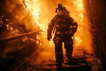 Naklejka premium Courage Under Fire: Firefighter in Gas Mask Descending Stairs Amid Flames. Generative ai