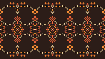 Traditional ethnic motifs ikat geometric fabric pattern cross stitch.Ikat embroidery Ethnic oriental Pixel brown background. Abstract,vector,illustration. Texture,scarf,decoration,wallpaper.