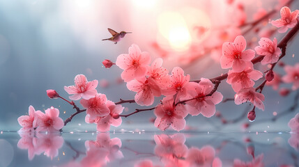 Spring Serenity: Cherry Blossoms, Water, and Colibri Bird. Generative ai