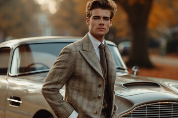 Old money aesthetic style handsome young man in a vintage style suit standing near his classic sport car. Generative ai