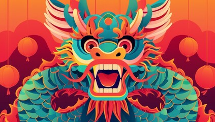 Chinese dragon, flat illustration style, simple color blocks, cute cartoon character design, colorful background
