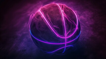Glowing Neon Basketball with Dark Purple and Electric Purple Outline. Generative ai