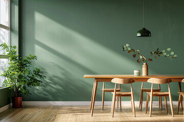 Minimalist dining room with a natural wooden table and chairs, highlighted against a soft green backdrop, reflecting a modern Scandinavian design