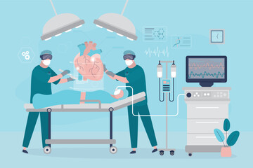 Team of surgeons uses VR headsets. Doctor doing surgical operation of circulatory system with help of virtual reality. Cardiologist or medical worker operating heart with digital glasses. - obrazy, fototapety, plakaty