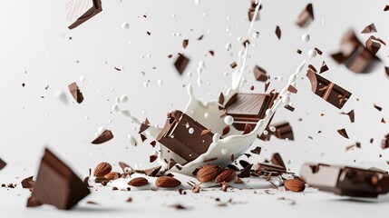 a detailed photograph of chopped chocolate almond and milk falling, on a white background,
