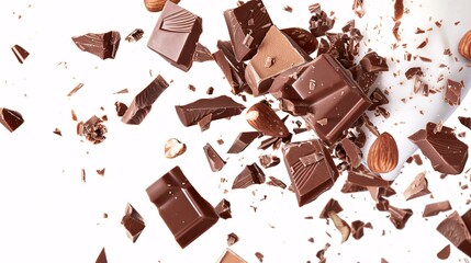 a detailed photograph of chopped chocolate almond and milk falling, on a white background, - obrazy, fototapety, plakaty