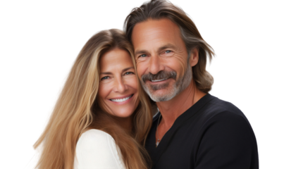 Middle age couple smiling confident hugging each other, isolated on transparent background cut out