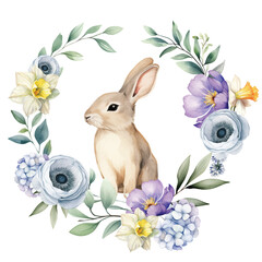 watercolor floral wreath frame Spring wild flowers with Easter bunny - 757283996