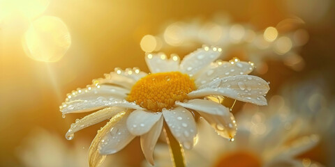 Beautiful white daisies with dew drops glistening in the sunlight on a clear summer morning