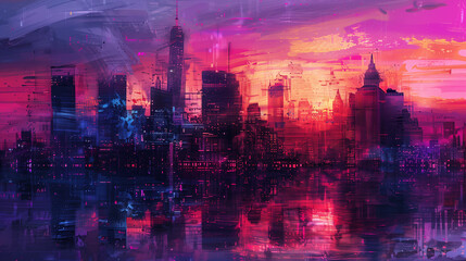 Cityscape at dusk depicted in Abstract Art style, ai generative - obrazy, fototapety, plakaty