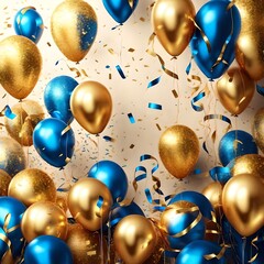 Holiday background with golden and blue metallic balloons,confetti and ribbons. Festive card for birthday party, anniversary, new year or other events.