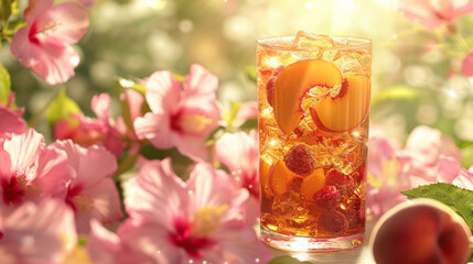 A refreshing ice tea with peach slices and berries, set in a sunny garden, radiates a cheerful summertime vibe