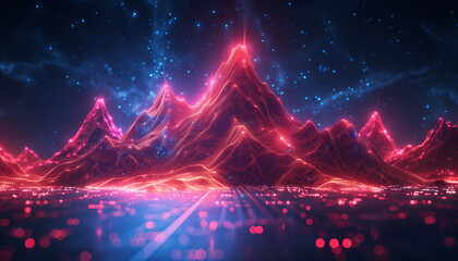 Retro wave mountain style 80s synthwave futuristic Sci-fi neon lines background. Generated AI - obrazy, fototapety, plakaty