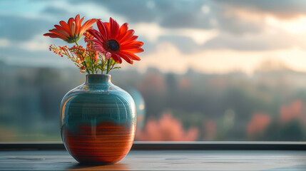 Colorful Vase and Flower on Table by Window
