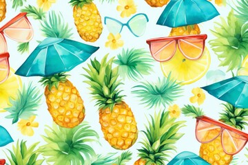 Fototapeta na wymiar Watercolor seamless Illustration of summer with various types of different fruits, flowers, concept of the arrival and onset of summer. Concept for wrapped cover paper