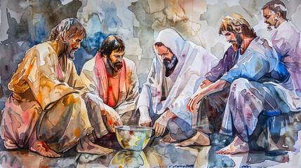 Spiritual watercolor painting of Jesus and his disciples during the foot-washing ceremony, embodying the teachings of Maundy Holy Thursday - obrazy, fototapety, plakaty