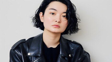 A modern portrait of a young woman with stylish short black hair and a classic leather jacket, presenting a look of casual confidence.
