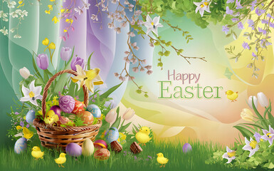 Easter poster, background or card with eggs, Easter card, easter background with easter eggs, easter basket with eggs and flowers, generative ai