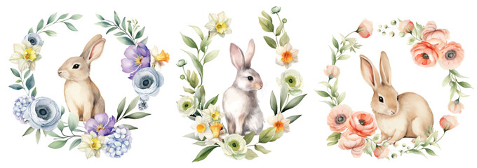 watercolor floral wreath frame Spring wild flowers with Easter bunny - 757285171