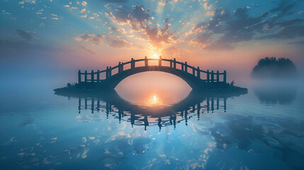 Visualize a bridge over calm waters symbolizing the journey to spiritual refuge - obrazy, fototapety, plakaty