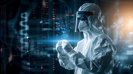 A scientist in a protective suit interacts with a virtual reality interface, symbolizing cutting-edge research and futuristic technology in science.
