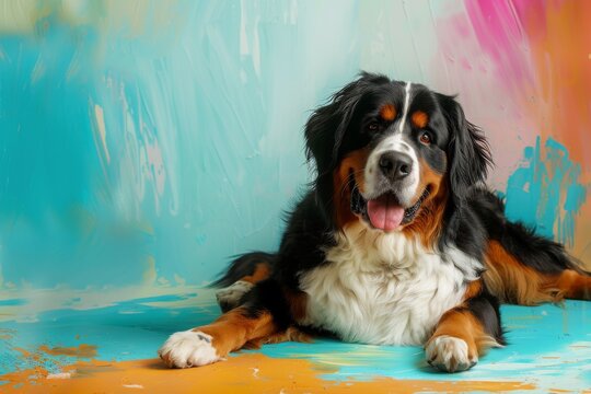 Funny Bernese mountain dog on color background