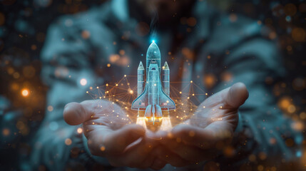 Future Launch: Business Vision with Space Shuttle Symbol in Hand
 - obrazy, fototapety, plakaty