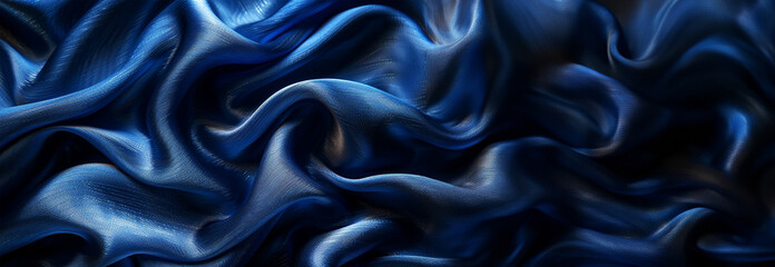 Fototapeta premium Blue abstract background. Shiny Natural Dark Blue Silk, Smooth Silk Texture Of Fashion Clothes, Underwear, Close-up. Silk Fabric Material, Textile, Linen. Abstract Blue Silky Background. Clothing 