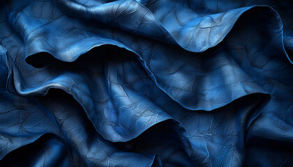 Blue abstract background. Shiny Natural Dark Blue Silk, Smooth Silk Texture Of Fashion Clothes, Underwear, Close-up. Silk Fabric Material, Textile, Linen. Abstract Blue Silky Background. Clothing 