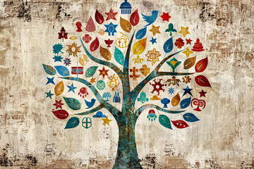 Visualize a tree with leaves representing different religions, symbolizing growth and diversity