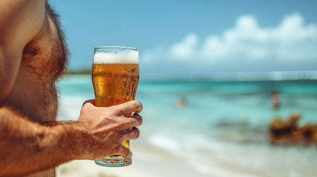 Close-up of a man holding a glass of beer on the beach