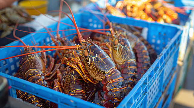 Fresh crayfish or kreef the latin name is Jasus lalandii also know as spiny rock lobster freshly caught from the ocean, seafood, in a blue crate