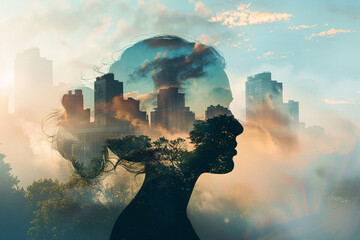 A woman's silhouette is shown in a cityscape with a cloudy sky. Concept of loneliness and isolation, as the woman's face is the only visible part of her body