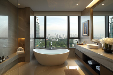 Fototapeta na wymiar Luxurious Urban Bathroom with City View. A sophisticated urban bathroom featuring a standalone bathtub, panoramic cityscape view, modern vanity, and natural light.