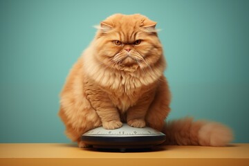  Ginger cat with unhappy face  having a fat bulbous body on weight scales