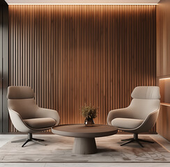 Sophisticated Wood Panel Lounge. Plush lounge chairs and a wooden table against a vertically paneled backdrop with soft lighting.